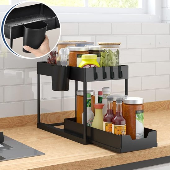 rangementdecuisinenoireadeuxniveauxcontenantbocausepicessaucescondimentsetaccessoiresderangement