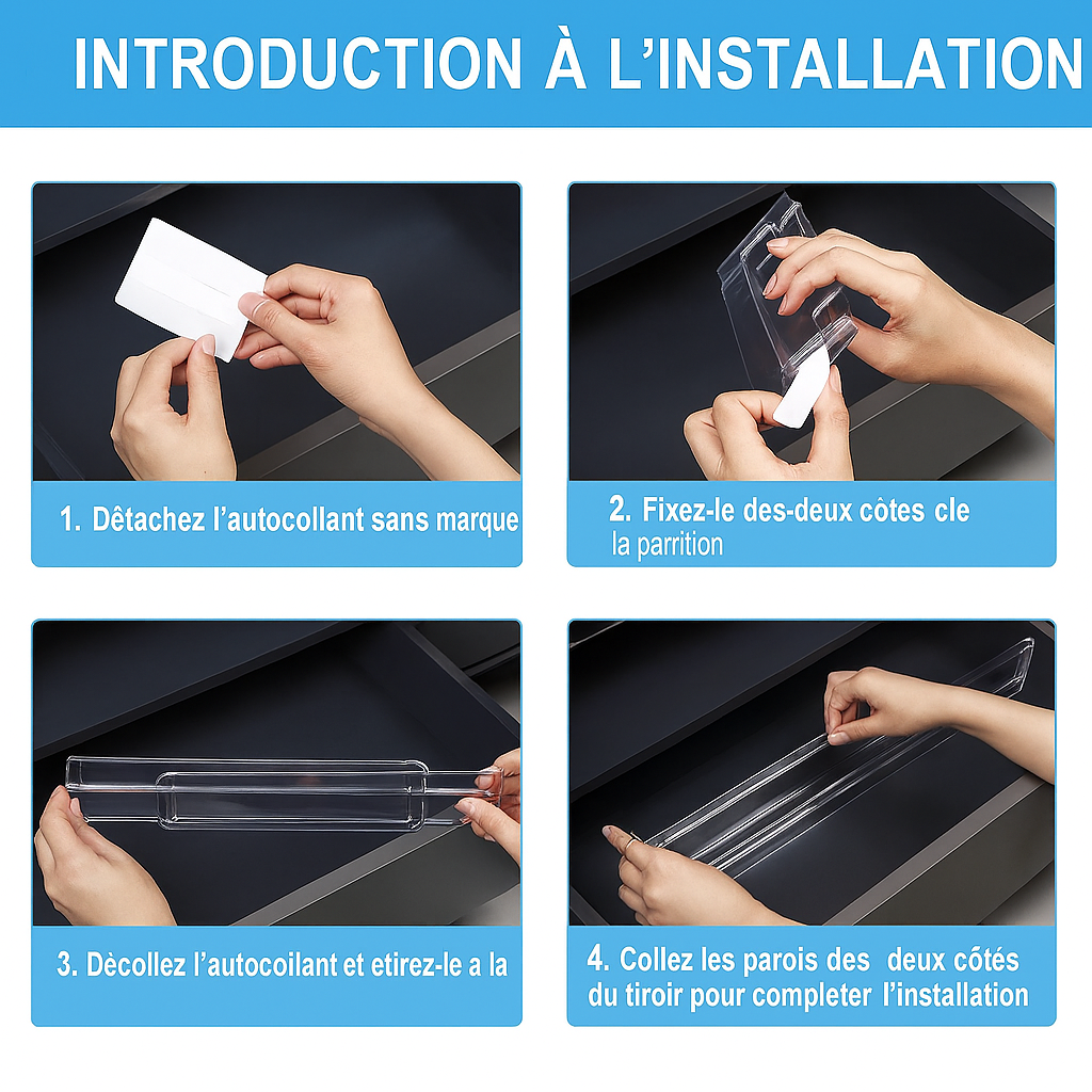 guide d installation en 4 etapes pour separateur de tiroir avec bandes autocollantes transparente